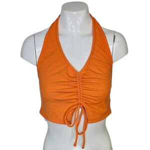 White Fox Boutique Hype It Up Top  Size Large Orange Cinch Front Halter Neck NWT